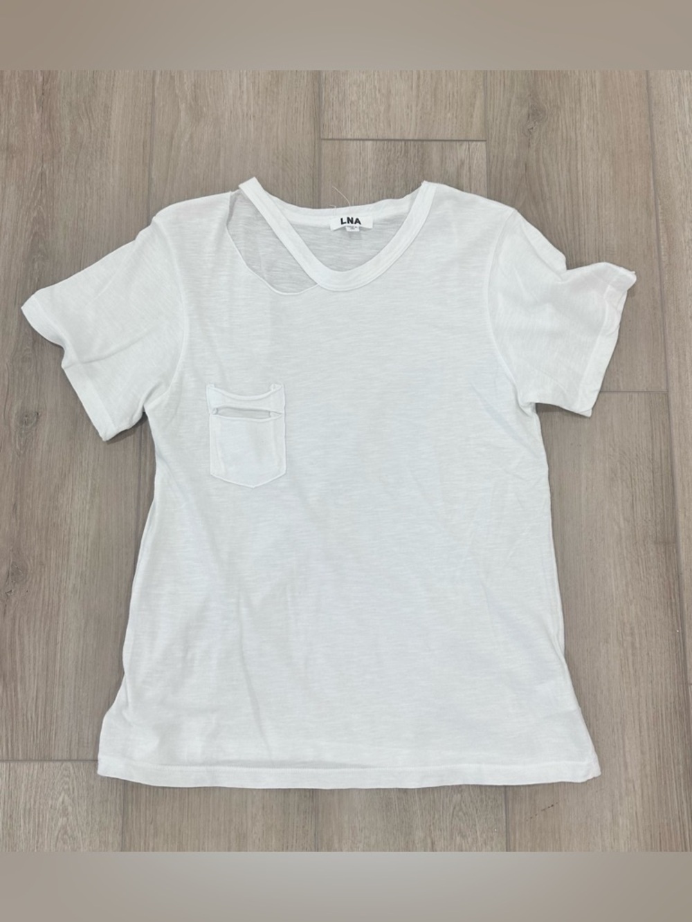 LNA crew neck cutout distressed pocket short sleeve T shirt white XS